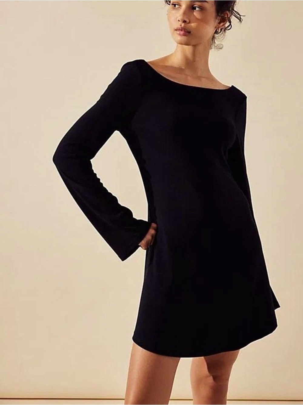 Black Long Sleeve Boatneck Dress - Women Free People Rosalia Mini Low Back M